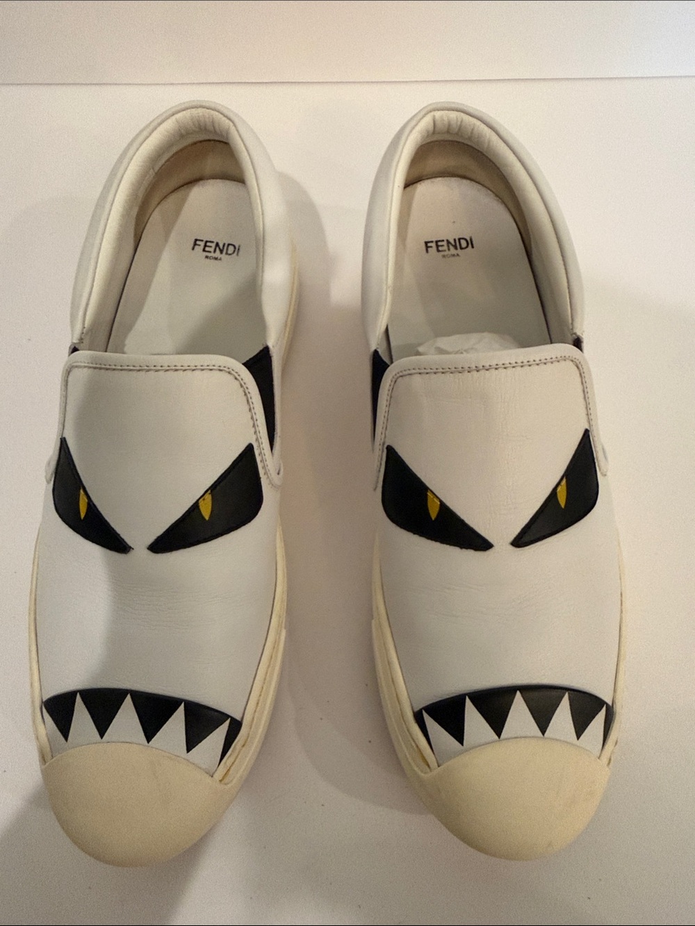 Fendi Women White Leather Monster-Eye Slip-On Sneakers with Yellow Accents 39.5